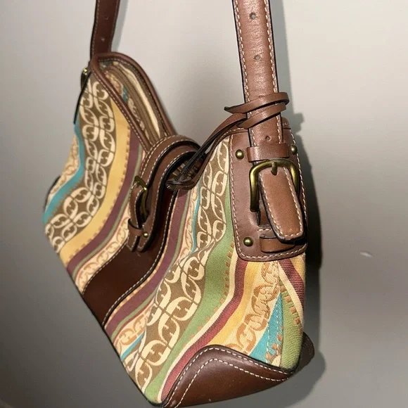 Fossil Shoulder Bag Brown Leather Monogram and Striped Canvas - Picture 3 of 15